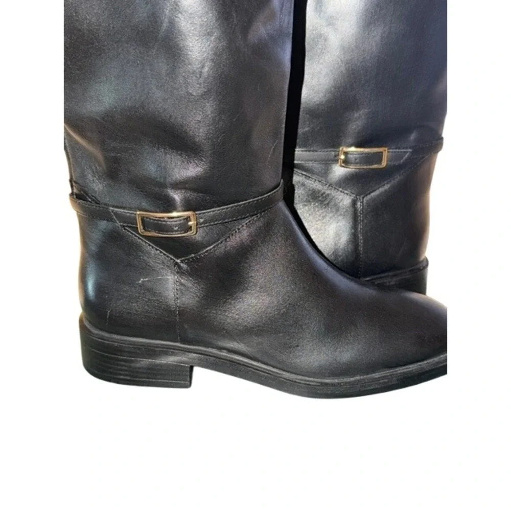 Arezzo‎ Bota Salto Baixo Black Leather Knee High Riding Boots Gold Buckle 8.5M